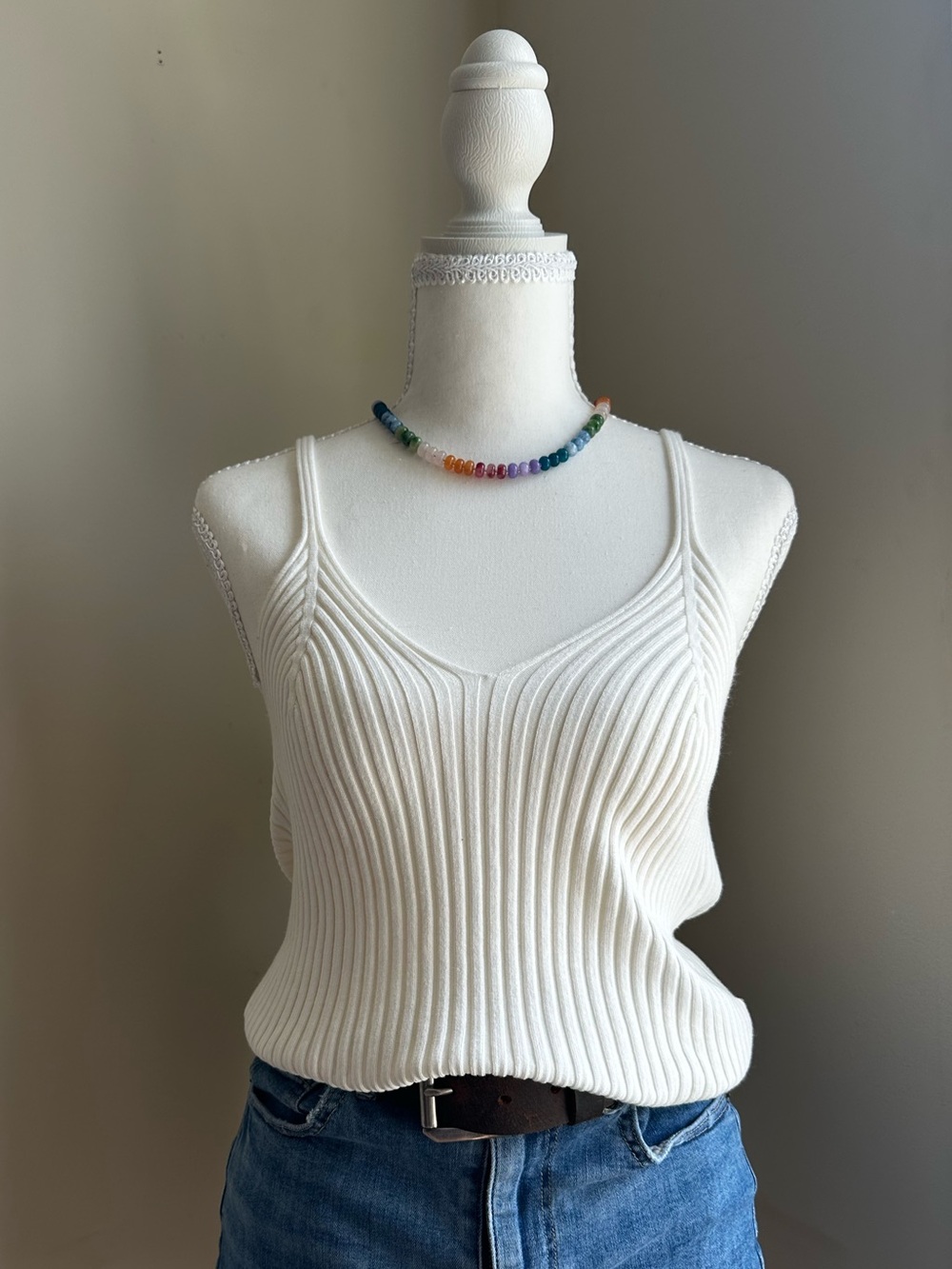 H&M Cream Ribbed Knit Tank Top